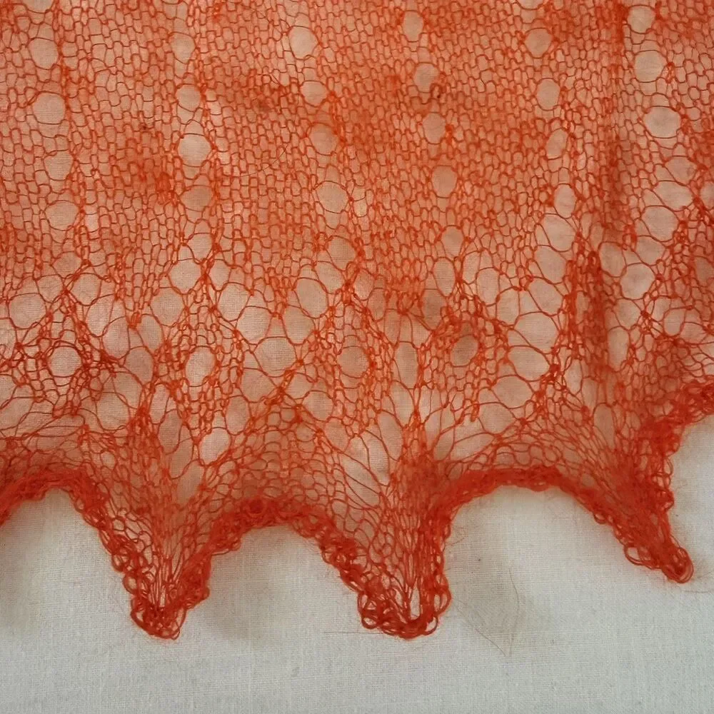 Vtg 60s For Gimbels England 100% Mohair Lace Scarf Shawl Orange Red Sheer Knit